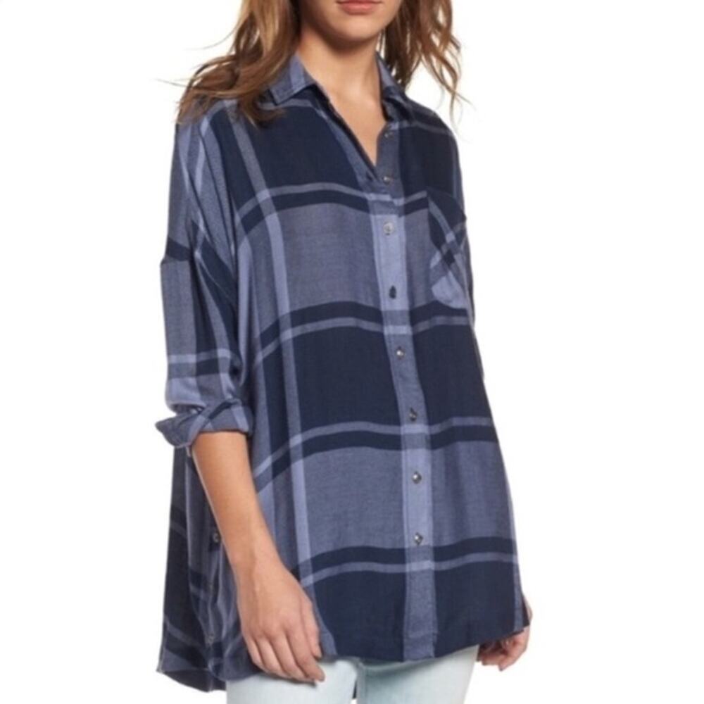 FREE PEOPLE Rainy Day Oversized Plaid Tunic Dark Blue Size Small Casual Fall